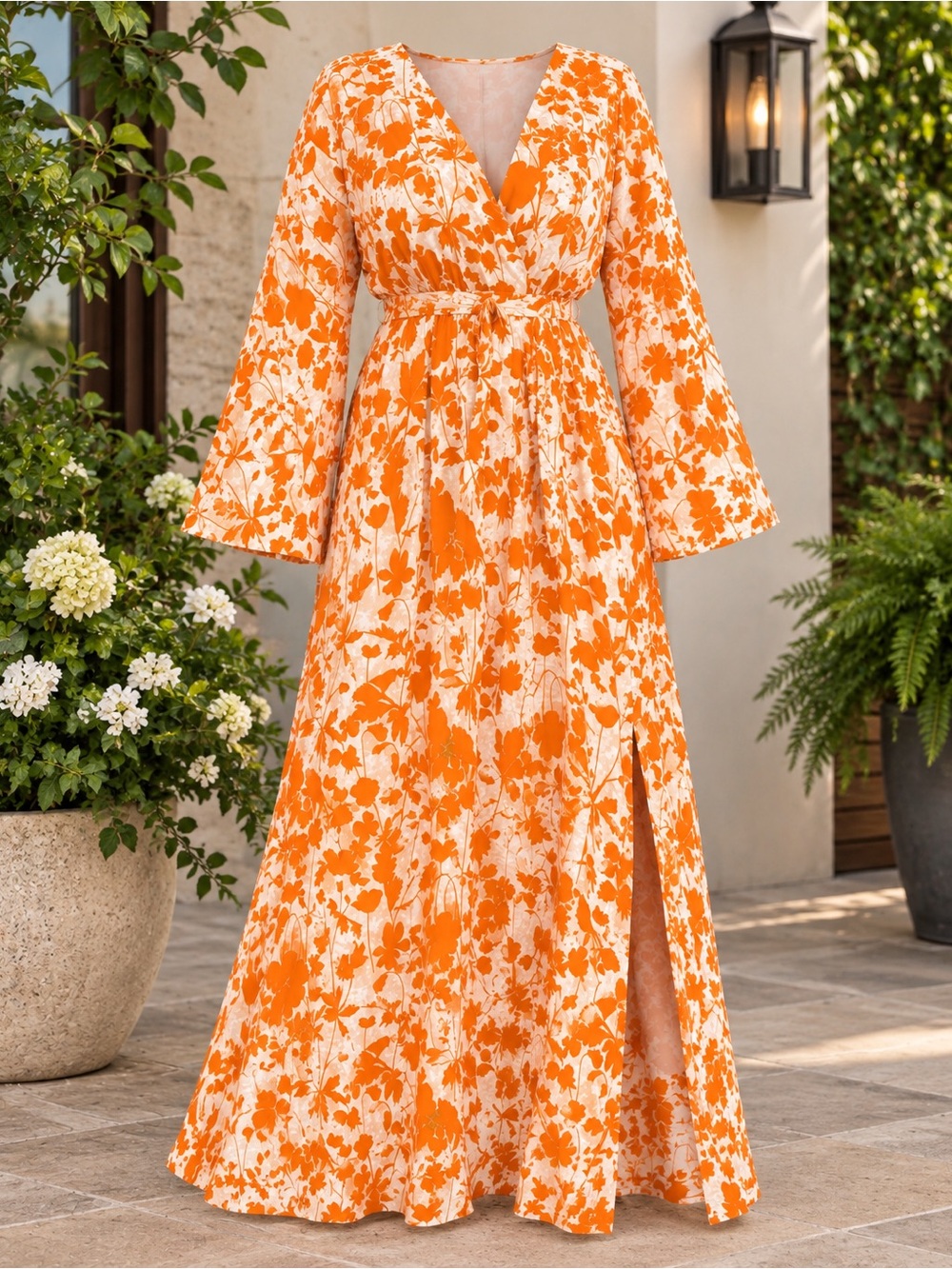1XL Plus Size Floral Orange Wrap Maxi Dress - Women's V-Neck Long Sleeve